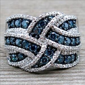 New Silver Blue Sapphire Braided Wide Band Ring